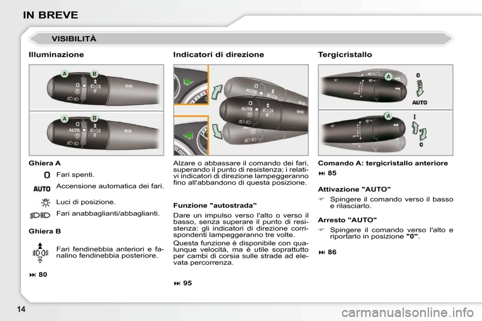 Peugeot 308 CC 2010.5  Manuale del proprietario (in Italian) IN BREVE
 VISIBILITÀ 
  Illuminazione  
  Ghiera A  
  Ghiera B  Alzare o abbassare il comando dei fari,  
superando il punto di resistenza; i relati-
vi indicatori di direzione lampeggeranno 
�ﬁ� 