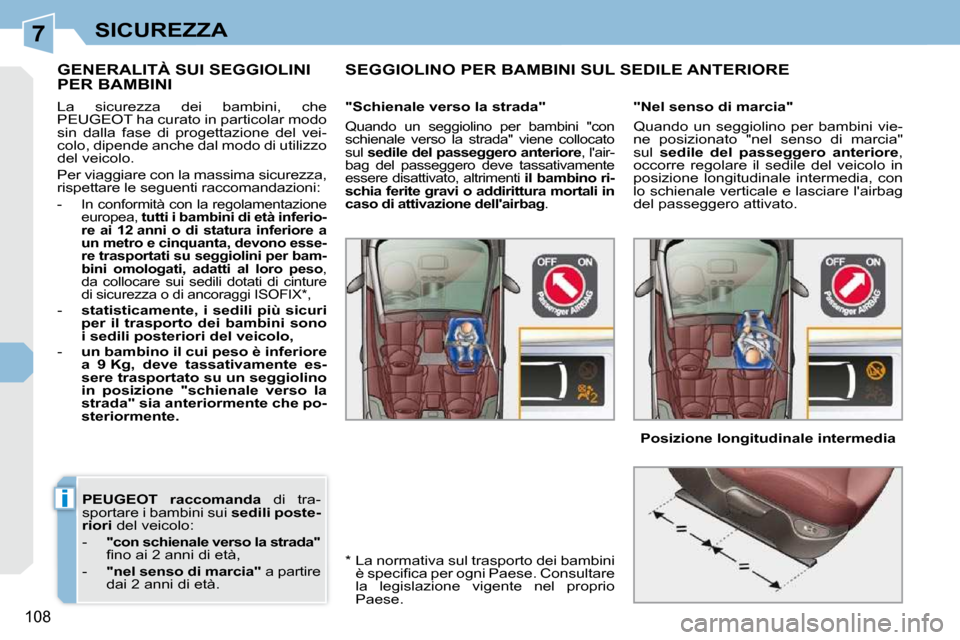Peugeot 308 CC 2010.5  Manuale del proprietario (in Italian) 7
i
108
SICUREZZA
 
PEUGEOT  
    
raccomanda    di  tra-
sportare i bambini sui   sedili poste-
riori   del veicolo: 
   -    
"con schienale verso la strada"  
�ﬁ� �n�o� �a�i� �2� �a�n�n�i� �d�i� 