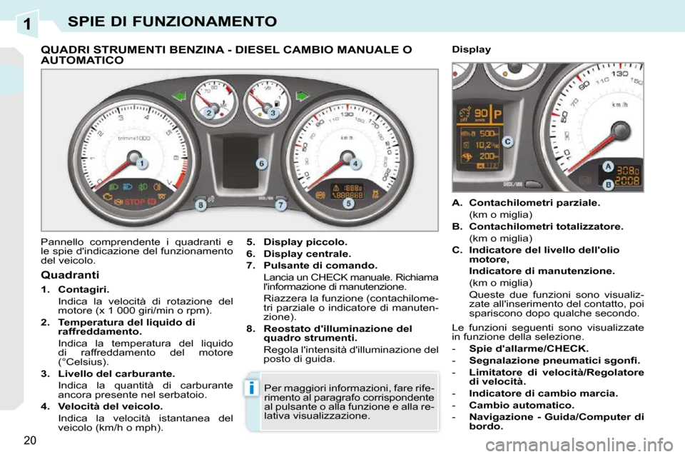 Peugeot 308 CC 2010.5 Manuale del proprietario (in Italian) 1
i
20
SPIE DI FUNZIONAMENTO
QUADRI STRUMENTI BENZINA - DIESEL CAMBIO MANUALE O AUTOMATICO
Pannello comprendente i quadranti e
le spie dindicazione del funzionamento
del veicolo Peugeot 308 CC 2010.5 Manuale del proprietario (in Italian) 1
i
20
SPIE DI FUNZIONAMENTO
QUADRI STRUMENTI BENZINA - DIESEL CAMBIO MANUALE O AUTOMATICO
Pannello comprendente i quadranti e
le spie dindicazione del funzionamento
del veicolo