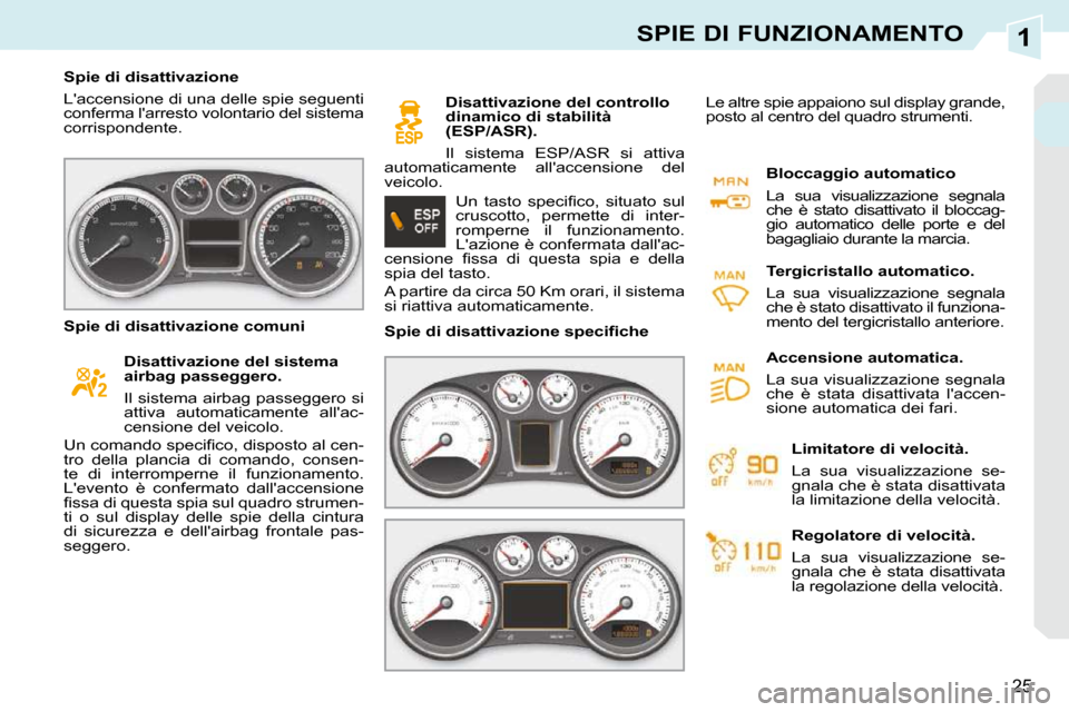 Peugeot 308 CC 2010.5  Manuale del proprietario (in Italian) 1
25
SPIE DI FUNZIONAMENTO
   Spie di disattivazione  
 Laccensione di una delle spie seguenti  
conferma larresto volontario del sistema 
corrispondente.      Disattivazione del sistema 
airbag pas