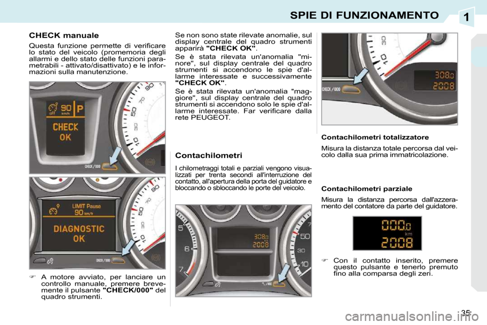 Peugeot 308 CC 2010.5  Manuale del proprietario (in Italian) 1
35
SPIE DI FUNZIONAMENTO
             CHECK manuale  
� �Q�u�e�s�t�a�  �f�u�n�z�i�o�n�e�  �p�e�r�m�e�t�t�e�  �d�i�  �v�e�r�i�ﬁ� �c�a�r�e�  
lo  stato  del  veicolo  (promemoria  degli 
allarmi e d