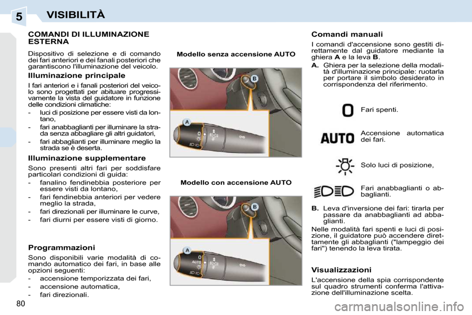 Peugeot 308 CC 2010.5 Manuale del proprietario (in Italian) 5
80
VISIBILITÀ
COMANDI DI ILLUMINAZIONE ESTERNA
Dispositivo di selezione e di comando
dei fari anteriori e dei fanali posteriori che
garantiscono lilluminazione del veicolo.
Illuminaz Peugeot 308 CC 2010.5 Manuale del proprietario (in Italian) 5
80
VISIBILITÀ
COMANDI DI ILLUMINAZIONE ESTERNA
Dispositivo di selezione e di comando
dei fari anteriori e dei fanali posteriori che
garantiscono lilluminazione del veicolo.
Illuminaz
