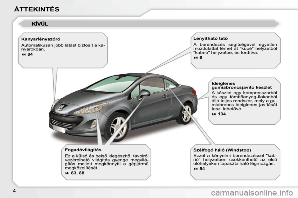 Peugeot 308 CC 2010.5  Kezelési útmutató (in Hungarian) ÁTTEKINTÉS  Fogadóvilágítás  
� �E�z� �a� �k�ü�l�s5� �é�s� �b�e�l�s5� �k�i�e�g�é�s�z�í�t5�,� �t�á�v�o�l�r�ó�l�  
�v�e�z�é�r�e�l�h�e�t5�  �v�i�l�á�g�í�t�á�s�  �g�y�e�n�g�e�  �m�e�g�