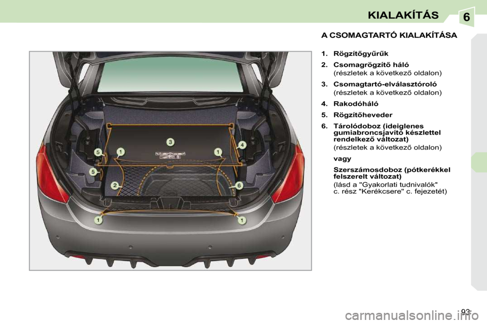 Peugeot 308 CC 2010.5  Kezelési útmutató (in Hungarian) 6
�9�3
KIALAKÍTÁS
           A CSOMAGTARTÓ KIALAKÍTÁSA 
   
1.     �R�ö�g�z�í�t5�g�yC�rC�k   
  
2.     �C�s�o�m�a�g�r�ö�g�z�í�t5� �h�á�l�ó     
�  �(�r�é�s�z�l�e�t�e�k� �a� �k�ö�v�e�