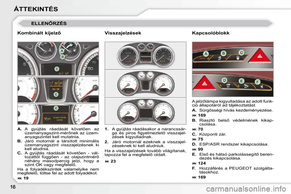 Peugeot 308 CC 2010.5  Kezelési útmutató (in Hungarian) ÁTTEKINTÉS
� �E�L�L�E�N4�R�Z�É�S� 
� � �K�o�m�b�i�n�á�l�t� �k�i�j�e�l�z5�   Kapcsolóblokk 
   
A. � �  �A�  �g�y�ú�j�t�á�s�  �r�á�a�d�á�s�á�t�  �k�ö�v�e�t5�e�n�  �a�z� 
�ü�z�e�m�a�n�y�a