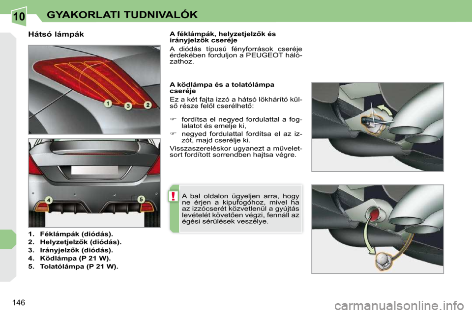 Peugeot 308 CC 2010.5  Kezelési útmutató (in Hungarian) 10
!
146
GYAKORLATI TUDNIVALÓK
  Hátsó lámpák  
   
1.     Féklámpák (dió   
dás   
�)�.   
  
2.     �H�e�l�y�z�e�t�j�e�l�z5�k� �(�d�i�ó   
dás   
�)�.   
  
3.     �I�r�á�n�y�j�e�l�z5
