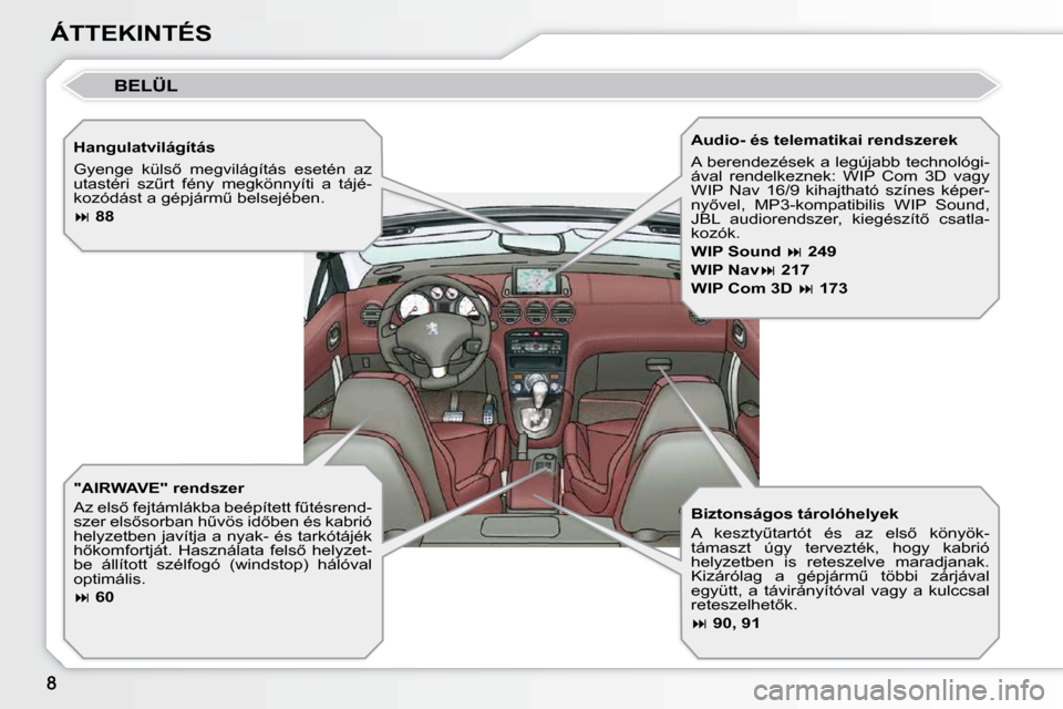 Peugeot 308 CC 2010.5  Kezelési útmutató (in Hungarian) ÁTTEKINTÉS  Hangulatvilágítás  
� �G�y�e�n�g�e�  �k�ü�l�s5�  �m�e�g�v�i�l�á�g�í�t�á�s�  �e�s�e�t�é�n�  �a�z�  
�u�t�a�s�t�é�r�i�  �s�zC�r�t�  �f�é�n�y�  �m�e�g�k�ö�n�n�y�í�t�i�  �a�  �