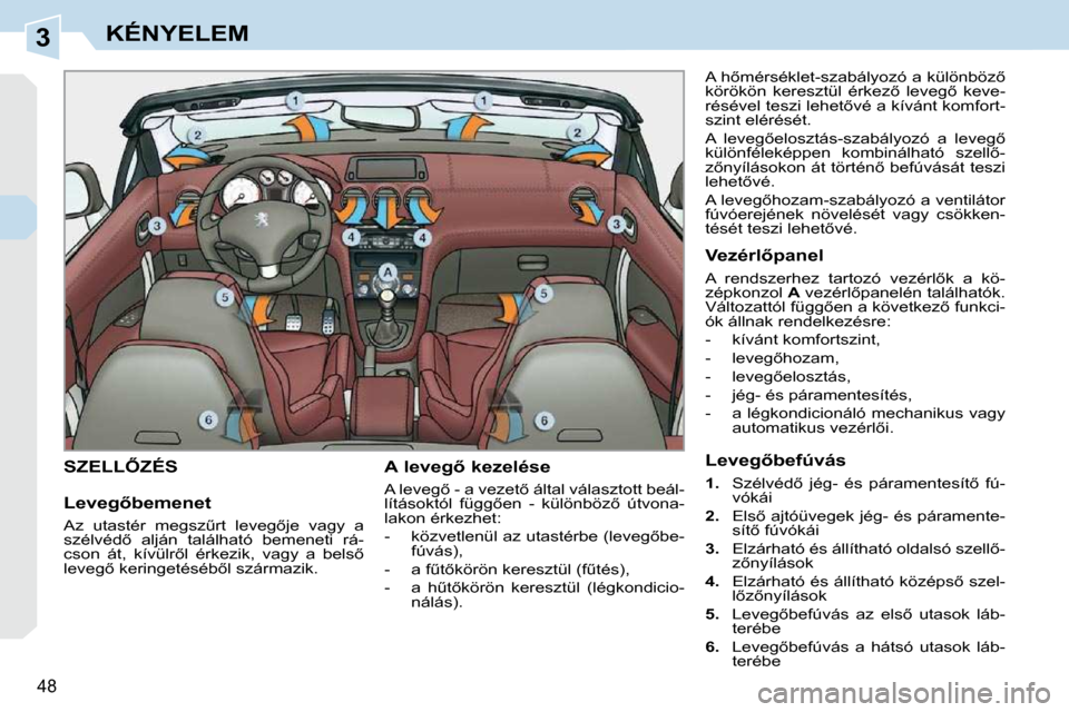 Peugeot 308 CC 2010.5  Kezelési útmutató (in Hungarian) 3
48 
KÉNYELEM
� � � � � � � �S�Z�E�L�L4�Z�É�S� � � �A� �l�e�v�e�g5� �k�e�z�e�l�é�s�e�  
� �A� �l�e�v�e�g5� �-� �a� �v�e�z�e�t5� �á�l�t�a�l� �v�á�l�a�s�z�t�o�t�t� �b�e�á�l�- 
�l�í�t�á�s�o�