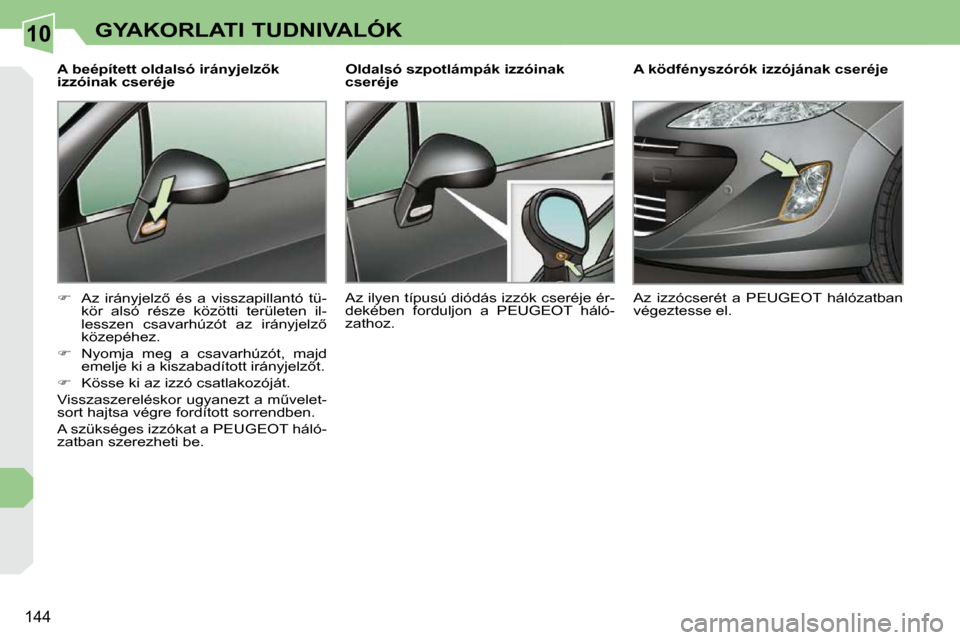 Peugeot 308 CC 2009.5  Kezelési útmutató (in Hungarian) 10
144
GYAKORLATI TUDNIVALÓK
� � �A� �b�e�é�p�í�t�e�t�t� �o�l�d�a�l�s�ó� �i�r�á�n�y�j�e�l�z5�k�  
izzóinak cseréje  
   
� � �  �A�z�  �i�r�á�n�y�j�e�l�z5�  �é�s�  �a�  �v�i�s�s�z�a�p�i�