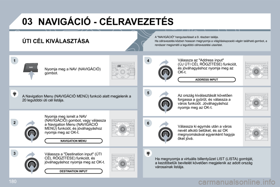 Peugeot 308 CC 2009.5  Kezelési útmutató (in Hungarian) 180
NAV
�0�3
�1
�2
�3
�6
�5
�4
�N�A�V�I�G�Á�C�I�Ó� �-� �C�É�L�R�A�V�E�Z�E�T�É�S� 
� � �Ú�T�I� �C�É�L� �K�I�V�Á�L�A�S�Z�T�Á�S�A� 
� �N�y�o�m�j�a� �m�e�g� �i�s�m�é�t� �a� �N�A�V� �(�N�A�V�I�G�