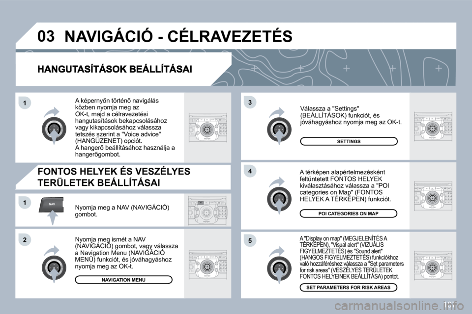 Peugeot 308 CC 2009.5  Kezelési útmutató (in Hungarian) 187
�0�3
�5
�3
�4
NAV�1
�2
�1
� �A� �"�D�i�s�p�l�a�y� �o�n� �m�a�p�"� �(�M�E�G�J�E�L�E�N�Í�T�É�S� �A� �T�É�R�K�É�P�E�N�)�,� �"�V�i�s�u�a�l� �a�l�e�r�t�"� �(�V�I�Z�U�Á�L�I�S� � �A� �"�D�i�s�p�l�a�