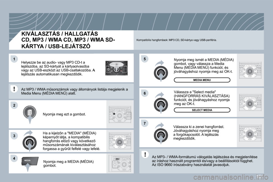 Peugeot 308 CC 2009.5  Kezelési útmutató (in Hungarian) 191
2
ABC 3
DEF
5
JKL
4
GHI 6
MNO
8
TUV
7
PQRS 9
WXYZ
0
* #
1
RADIO MEDIA
NAV ESC TRAFFIC
SETUP
ADDR BOOK
�4
�5
�6
�2
�7
�3
�1
MEDIA
� � �K�I�V�Á�L�A�S�Z�T�Á�S� �/� �H�A�L�L�G�A�T�Á�S� � 
�C�D�,� �