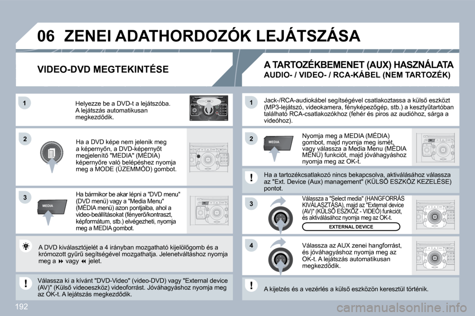 Peugeot 308 CC 2009.5  Kezelési útmutató (in Hungarian) �1�9�2
2
ABC 3
DEF
5
JKL
4
GHI 6
MNO
8
TUV
7
PQRS 9
WXYZ
0
* #
1
RADIO MEDIA
NAV ESC TRAFFIC
SETUP
ADDR BOOK�1
�3
�4
�0�6
�2�2
�3
MEDIA
�1
MEDIA
� �J�a�c�k�-�/�R�C�A�-�a�u�d�i�o�k�á�b�e�l� �s�e�g�í�