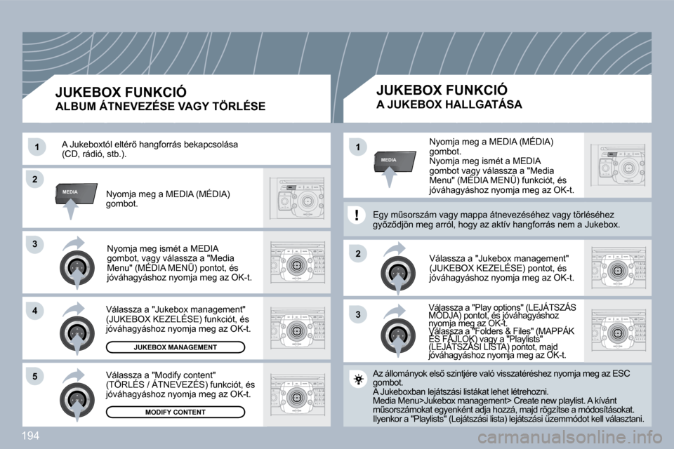 Peugeot 308 CC 2009.5  Kezelési útmutató (in Hungarian) 194
�3�3
�2�2
MEDIA
�3�3
�4�4
�5�5
�2�2
MEDIA�1�1�1� �N�y�o�m�j�a� �m�e�g� �a� �M�E�D�I�A� �(�M�É�D�I�A�)� �g�o�m�b�o�t�.� � �N�y�o�m�j�a� �m�e�g� �i�s�m�é�t� �a� �M�E�D�I�A� �g�o�m�b�o�t� �v�a�g�y�