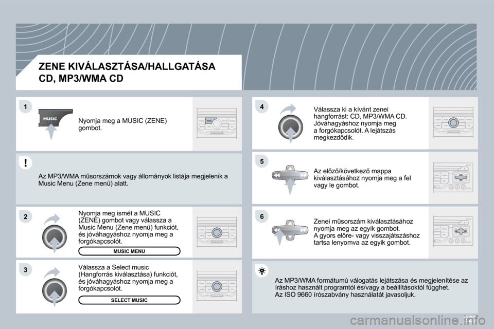 Peugeot 308 CC 2009.5  Kezelési útmutató (in Hungarian) 227
�6
�4 
�5
�3
�2
�1
� � � � � � � � � � �Z�E�N�E� �K�I�V�Á�L�A�S�Z�T�Á�S�A�/�H�A�L�L�G�A�T�Á�S�A� � 
�C�D�,� �M�P�3�/�W�M�A� �C�D� 
� �A�z� �M�P�3�/�W�M�A� �f�o�r�m�á�t�u�m�ú� �v�á�l�o�g�a�t�