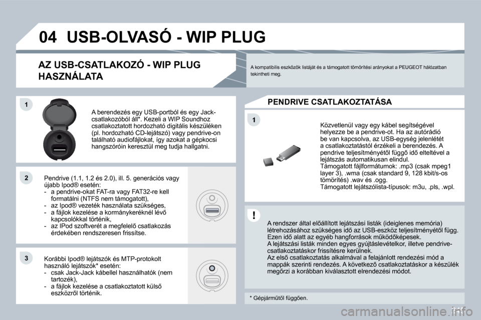 Peugeot 308 CC 2009.5  Kezelési útmutató (in Hungarian) 245
�1
�0�4
�1�1
�2�2
�3�3
� � � � � � � � � �U�S�B�-�O�L�V�A�S�Ó� �-� �W�I�P� �P�L�U�G� 
� � �A� �r�e�n�d�s�z�e�r� �á�l�t�a�l� �e�l5�á�l�l�í�t�o�t�t� �l�e�j�á�t�s�z�á�s�i� �l�i�s�t�á�k� �(�i�