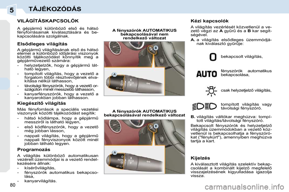 Peugeot 308 CC 2009.5  Kezelési útmutató (in Hungarian) 5
80
TÁJÉKOZÓDÁS
           VILÁGÍTÁSKAPCSOLÓK 
� �A�  �g�é�p�j�á�r�mC�  �k�ü�l�ö�n�b�ö�z5�  �e�l�s5�  �é�s�  �h�á�t�s�ó�  
�f�é�n�y�f�o�r�r�á�s�a�i�n�a�k�  �k�i�v�á�l�a�s�z�t�á