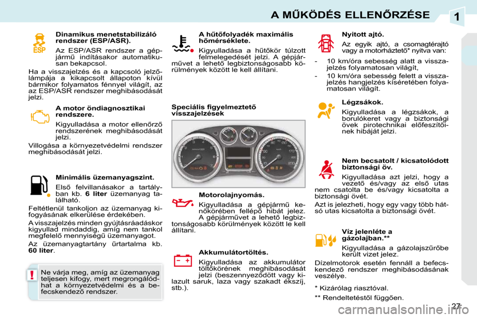 Peugeot 308 CC 2009.5  Kezelési útmutató (in Hungarian) 1
!
27
�A� �MB�K�Ö�D�É�S� �E�L�L�E�N4�R�Z�É�S�E
� � � �A� �m�o�t�o�r� �ö�n�d�i�a�g�n�o�s�z�t�i�k�a�i�  
�r�e�n�d�s�z�e�r�e�.�  
� �K�i�g�y�u�l�l�a�d�á�s�a�  �a�  �m�o�t�o�r�  �e�l�l�e�n5�r�z5