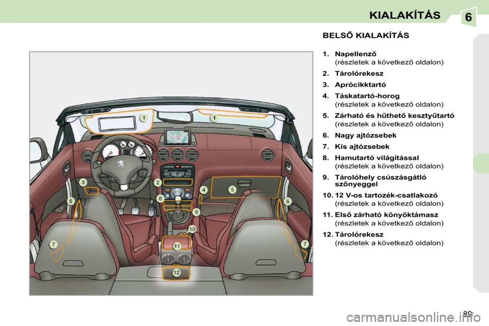 Peugeot 308 CC 2009.5  Kezelési útmutató (in Hungarian) 6
89
KIALAKÍTÁS
� � � � � � � � � � � �B�E�L�S4� �K�I�A�L�A�K�Í�T�Á�S� 
   
1.     �N�a�p�e�l�l�e�n�z5     
�  �(�r�é�s�z�l�e�t�e�k� �a� �k�ö�v�e�t�k�e�z5� �o�l�d�a�l�o�n�)�  
  
2.     Táro