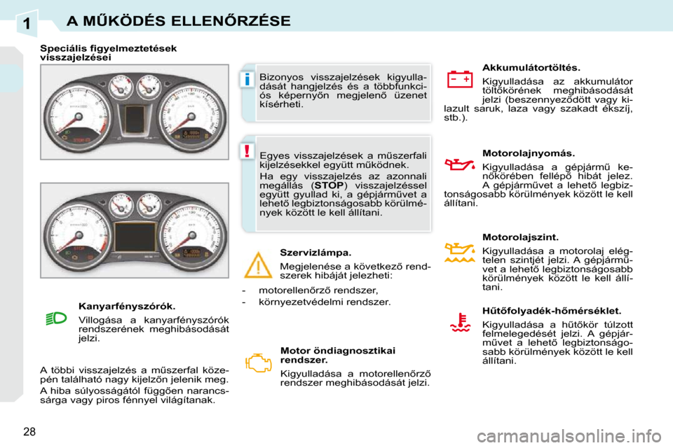 Peugeot 308 CC 2009.5  Kezelési útmutató (in Hungarian) 1
i
!
28
�A� �MB�K�Ö�D�É�S� �E�L�L�E�N4�R�Z�É�S�E
� �B�i�z�o�n�y�o�s�  �v�i�s�s�z�a�j�e�l�z�é�s�e�k�  �k�i�g�y�u�l�l�a�- 
�d�á�s�á�t�  �h�a�n�g�j�e�l�z�é�s�  �é�s�  �a�  �t�ö�b�b�f�u�n�k�c�