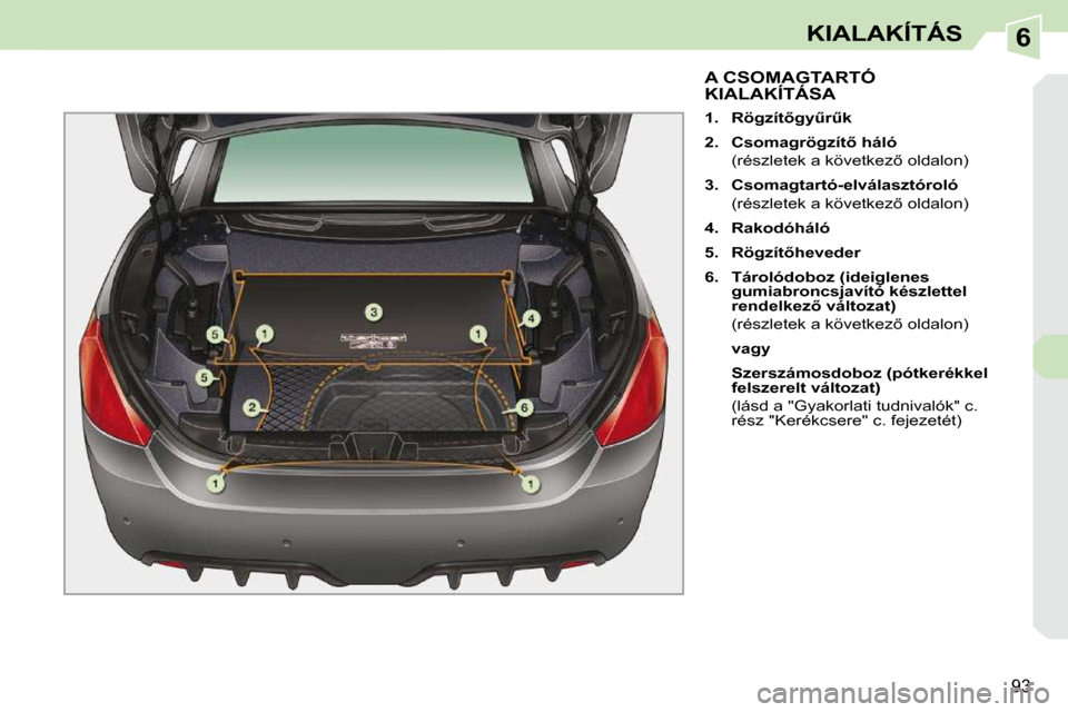 Peugeot 308 CC 2009.5  Kezelési útmutató (in Hungarian) 6
�9�3
KIALAKÍTÁS
           A CSOMAGTARTÓ KIALAKÍTÁSA 
   
1.     �R�ö�g�z�í�t5�g�yC�rC�k   
  
2.     �C�s�o�m�a�g�r�ö�g�z�í�t5� �h�á�l�ó     
�  �(�r�é�s�z�l�e�t�e�k� �a� �k�ö�v�e�