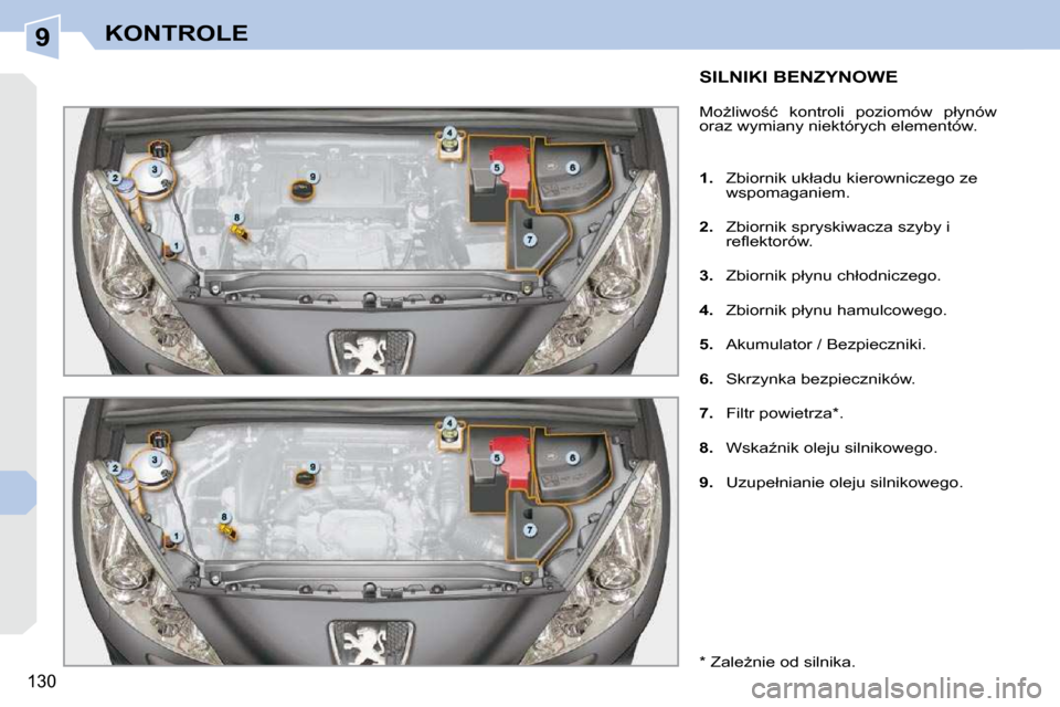 Peugeot 308 CC 2009.5  Instrukcja Obsługi (in Polish) 9
130
KONTROLE
           SILNIKI BENZYNOWE 
� �M�oG�l�i�w�o;�ć�  �k�o�n�t�r�o�l�i�  �p�o�z�i�o�m�ó�w�  �p�ł�y�n�ó�w�  
�o�r�a�z� �w�y�m�i�a�n�y� �n�i�e�k�t�ó�r�y�c�h� �e�l�e�m�e�n�t�ó�w�.�  
