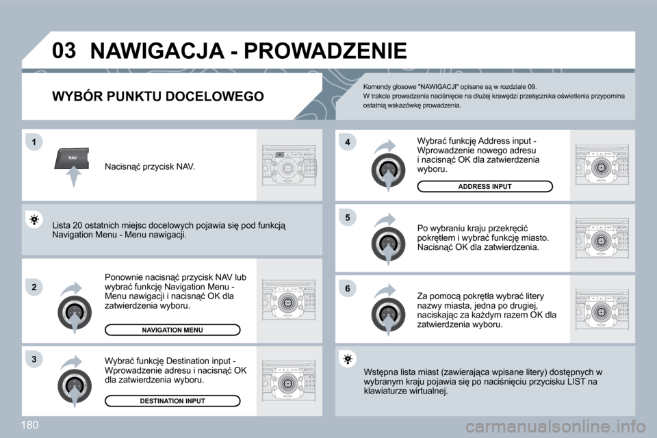 Peugeot 308 CC 2009.5  Instrukcja Obsługi (in Polish) 180
NAV
�0�3
�1
�2
�3
�6
�5
�4
� � � � � � � � � � � �N�A�W�I�G�A�C�J�A� �-� �P�R�O�W�A�D�Z�E�N�I�E� 
� � �W�Y�B�Ó�R� �P�U�N�K�T�U� �D�O�C�E�L�O�W�E�G�O� 
� �P�o�n�o�w�n�i�e� �n�a�c�i�s�n"�ć� �p�r�