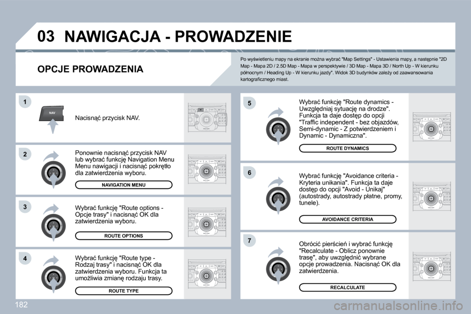 Peugeot 308 CC 2009.5  Instrukcja Obsługi (in Polish) �1�8�2
NAV
�0�3
�5
�6
�7
�1
�2
�3
�4
� �N�A�W�I�G�A�C�J�A� �-� �P�R�O�W�A�D�Z�E�N�I�E� 
� � �O�P�C�J�E� �P�R�O�W�A�D�Z�E�N�I�A� 
� �W�y�b�r�a�ć� �f�u�n�k�c�j
� �"�R�o�u�t�e� �d�y�n�a�m�i�c�s� �-� �U