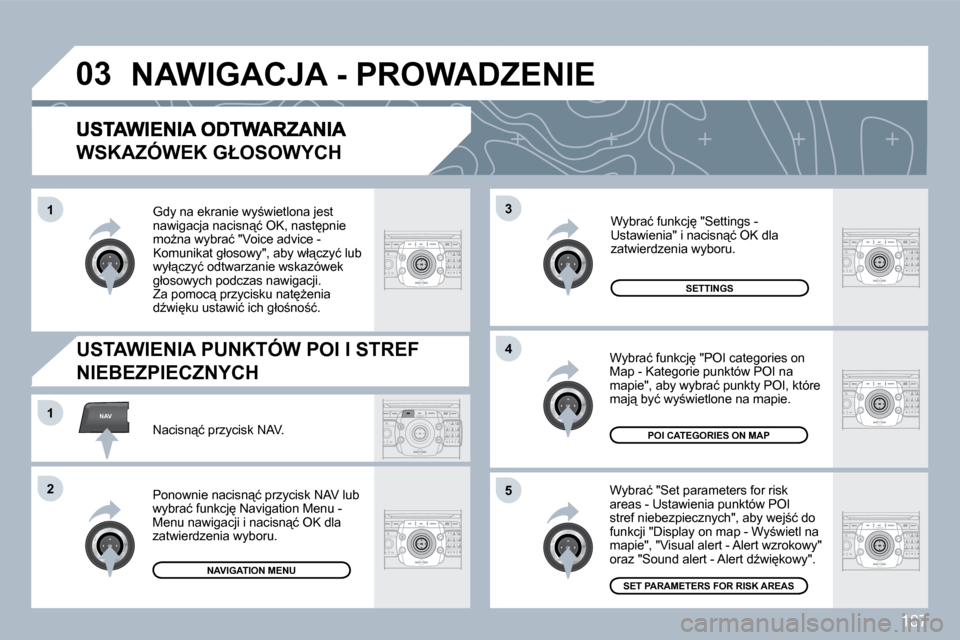 Peugeot 308 CC 2009.5  Instrukcja Obsługi (in Polish) 187
�0�3
�5
�3
�4
NAV�1
�2
�1
�W�S�K�A�Z�Ó�W�E�K� �G�Ł�O�S�O�W�Y�C�H� 
� �W�y�b�r�a�ć� �"�S�e�t� �p�a�r�a�m�e�t�e�r�s� �f�o�r� �r�i�s�k� �a�r�e�a�s� �-� �U�s�t�a�w�i�e�n�i�a� �p�u�n�k�t�ó�w� �P�O�