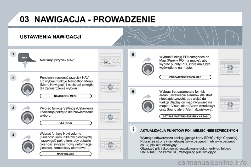Peugeot 308 CC 2009.5  Instrukcja Obsługi (in Polish) 223
�0�3
�5 
�6
�3
�2
�1
�4
� � �U�S�T�A�W�I�E�N�I�A� �N�A�W�I�G�A�C�J�I� 
� �W�y�b�r�a�ć� �S�e�t� �p�a�r�a�m�e�t�e�r�s� �f�o�r� �r�i�s�k� �a�r�e�a�s� �(�U�s�t�a�w�i�a�n�i�e� �a�l�a�r�m�ó�w� �d�l�a�