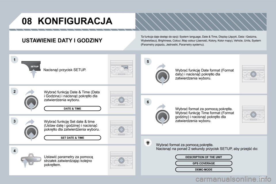 Peugeot 308 CC 2009.5  Instrukcja Obsługi (in Polish) 231
�0�8
�4
�3
�2
�1
�6
�5
� � � � � � � � � � � �K�O�N�F�I�G�U�R�A�C�J�A� 
� � �U�S�T�A�W�I�E�N�I�E� �D�A�T�Y� �I� �G�O�D�Z�I�N�Y� 
� �T�a� �f�u�n�k�c�j�a� �d�a�j�e� �d�o�s�t
�p� �d�o� �o�p�c�j�i�:�