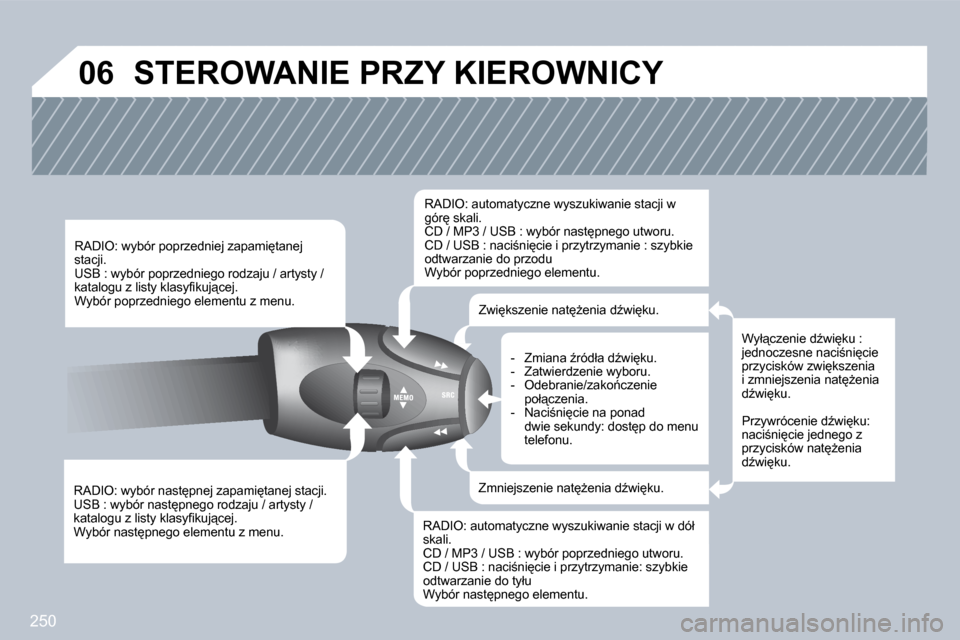 Peugeot 308 CC 2009.5  Instrukcja Obsługi (in Polish) 250
�0�6
� � �R�A�D�I�O�:� �w�y�b�ó�r� �n�a�s�t
�p�n�e�j� �z�a�p�a�m�i
�t�a�n�e�j� �s�t�a�c�j�i�.� � �U�S�B� �:� �w�y�b�ó�r� �n�a�s�t
�p�n�e�g�o� �r�o�d�z�a�j�u� �/� �a�r�t�y�s�t�y� �/� �k�a�t�a�