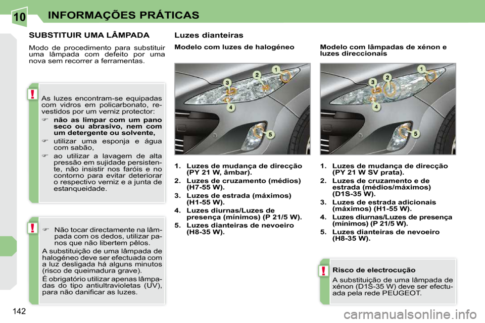 Peugeot 308 CC 2009.5  Manual do proprietário (in Portuguese) 10
!
!
!
142
INFORMAÇÕES PRÁTICAS
  Risco de electrocução  
 A substituição de uma lâmpada de  
xénon (D1S-35 W) deve ser efectu-
ada pela rede PEUGEOT.   
SUBSTITUIR UMA LÂMPADA 
 Modo  de 
