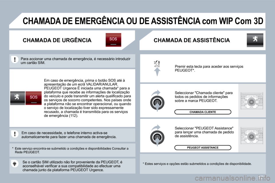 Peugeot 308 CC 2009.5  Manual do proprietário (in Portuguese) 171
 Em caso de emergência, prima o botão SOS até à �a�p�r�e�s�e�n�t�a�ç�ã�o� �d�e� �u�m� �e�c�r�ã� �V�A�L�I�D�A�R�/�A�N�U�L�A�R�.�  PEUGEOT Urgence É iniciada uma chamada *  para a �a�p�r�e�s