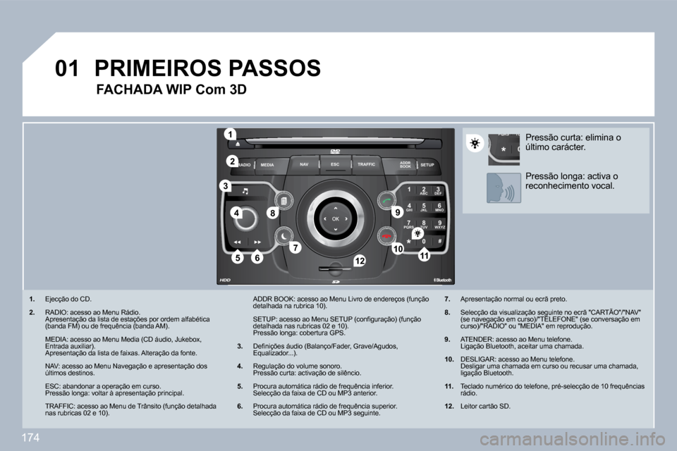 Peugeot 308 CC 2009.5  Manual do proprietário (in Portuguese) 174
�0�1
2
ABC 3
DEF
5
JKL
4
GHI 6
MNO
8
TUV
7
PQRS 9
WXYZ
0
* #
1
RADIO MEDIA
NAV ESC TRAFFIC
SETUP
ADDR BOOK
�1
�1�0
�2
3
�4
�6�1�2
�9
�7
�8
�1�1�5
TU
PQRS
0
*
� � � �1�.�   Ejecção do CD. 
�2�.� 