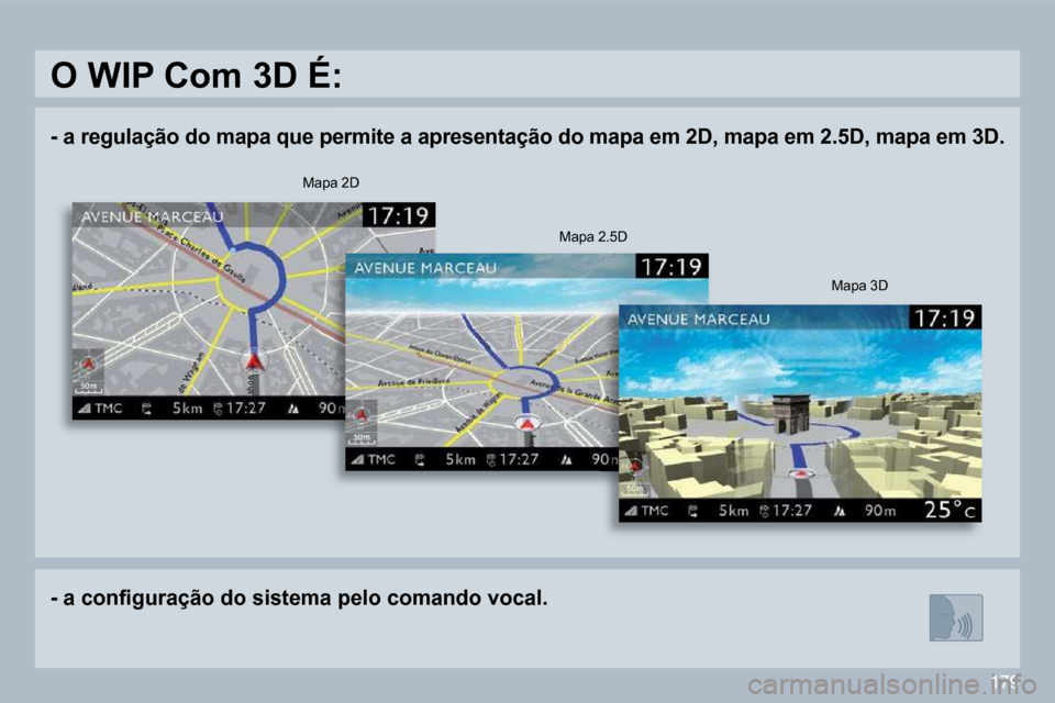 Peugeot 308 CC 2009.5  Manual do proprietário (in Portuguese) 179
� � � �-� � � �a� �r�e�g�u�l�a�ç�ã�o� �d�o� �m�a�p�a� �q�u�e� �p�e�r�m�i�t�e� �a� �a�p�r�e�s�e�n�t�a�ç�ã�o� �d�o� �m�a�p�a� �e�m� �2�D�,� �m�a�p�a� �e�m� �2�.�5�D�,� �m�a�p�a� �e�m� �3�D�.� � 