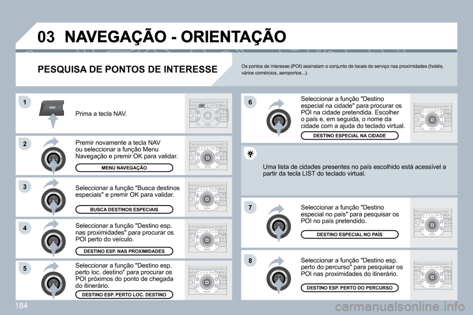 Peugeot 308 CC 2009.5  Manual do proprietário (in Portuguese) 184
NAV
�0�3
�1
�2
3
�4
�7
�8�5
�6
� � �P�E�S�Q�U�I�S�A� �D�E� �P�O�N�T�O�S� �D�E� �I�N�T�E�R�E�S�S�E� 
� �P�r�i�m�a� �a� �t�e�c�l�a� �N�A�V�.� 
� �P�r�e�m�i�r� �n�o�v�a�m�e�n�t�e� �a� �t�e�c�l�a� �N�