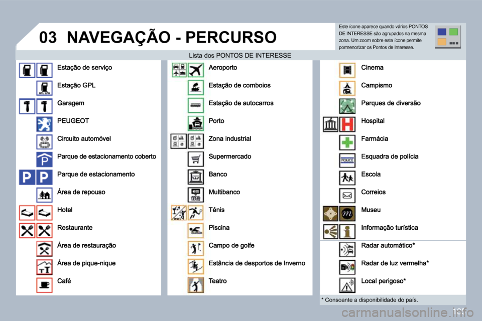 Peugeot 308 CC 2009.5  Manual do proprietário (in Portuguese) 185
�0�3 NAVEGAÇÃO - PERCURSO 
� � �L�i�s�t�a� �d�o�s� �P�O�N�T�O�S� �D�E� �I�N�T�E�R�E�S�S�E� � � �L�i�s�t�a� �d�o�s� �P�O�N�T�O�S� �D�E� �I�N�T�E�R�E�S�S�E� 
  *   Consoante a disponibilidade do p