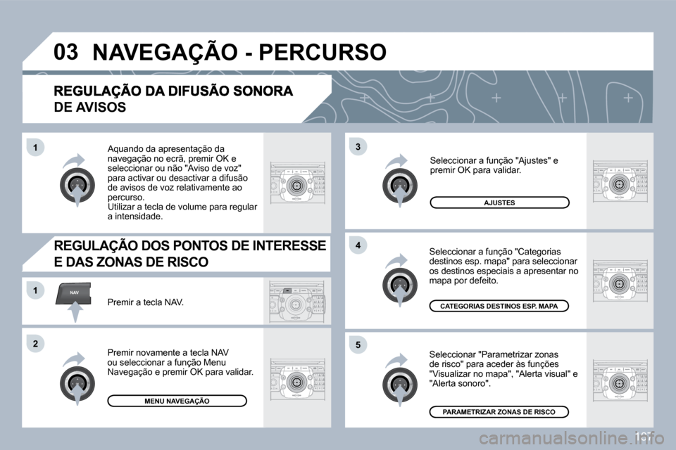 Peugeot 308 CC 2009.5  Manual do proprietário (in Portuguese) 187
�0�3
�5
3
�4
NAV�1
�2
�1
DE AVISOS 
 Seleccionar "Parametrizar zonas de risco" para aceder às funções "Visualizar no mapa", "Alerta visual" e "Alerta sonoro". 
 Seleccionar a função "Categori