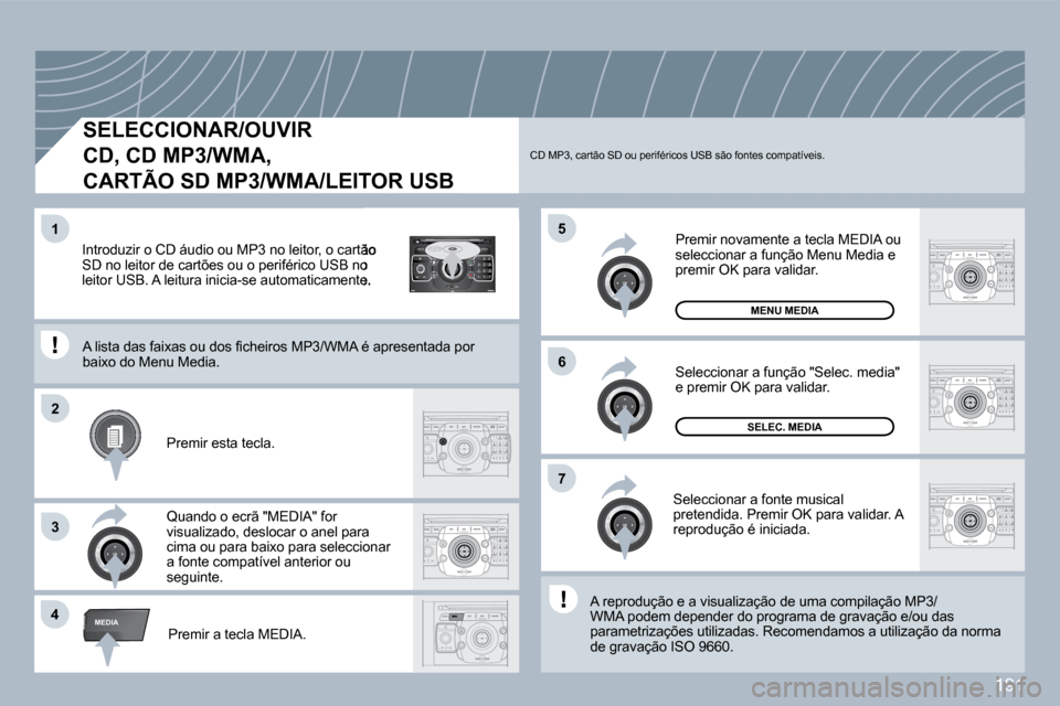 Peugeot 308 CC 2009.5  Manual do proprietário (in Portuguese) 191
2
ABC 3
DEF
5
JKL
4
GHI 6
MNO
8
TUV
7
PQRS 9
WXYZ
0
* #
1
RADIO MEDIA
NAV ESC TRAFFIC
SETUP
ADDR BOOK
�4
�5
�6
�2
�7
3
�1
MEDIA
  SELECCIONAR/OUVIR  
�C�D�,� �C�D� �M�P�3�/�W�M�A�,� 
CARTÃO SD MP
