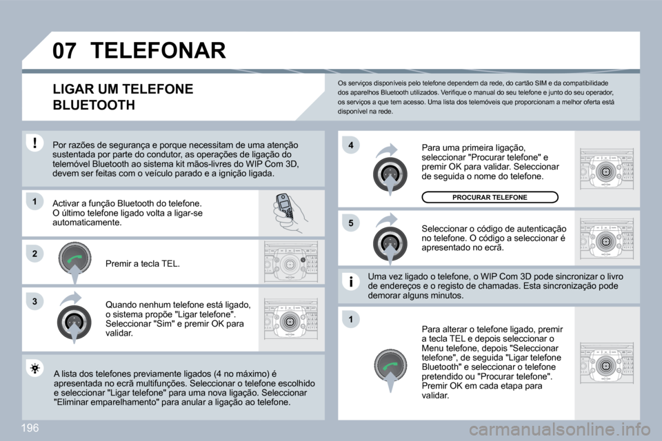 Peugeot 308 CC 2009.5  Manual do proprietário (in Portuguese) 196
�0�7
�1
3
�5
�4
�2
�1
 Os serviços disponíveis pelo telefone dependem da rede, do cartão SIM e da compatibilidade �d�o�s� �a�p�a�r�e�l�h�o�s� �B�l�u�e�t�o�o�t�h� �u�t�i�l�i�z�a�d�o�s�.� �V�e�r�