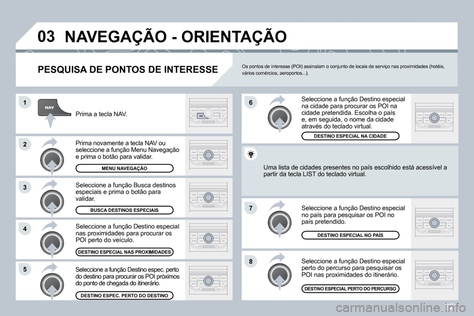 Peugeot 308 CC 2009.5  Manual do proprietário (in Portuguese) 221
�0�3
�8
�6 
�7
�4
�3
�5
�2
�1
� �N�A�V�E�G�A�Ç�Ã�O� �-� �O�R�I�E�N�T�A�Ç�Ã�O� 
� � �P�E�S�Q�U�I�S�A� �D�E� �P�O�N�T�O�S� �D�E� �I�N�T�E�R�E�S�S�E� 
 Prima a tecla NAV. 
 Prima novamente a tecl
