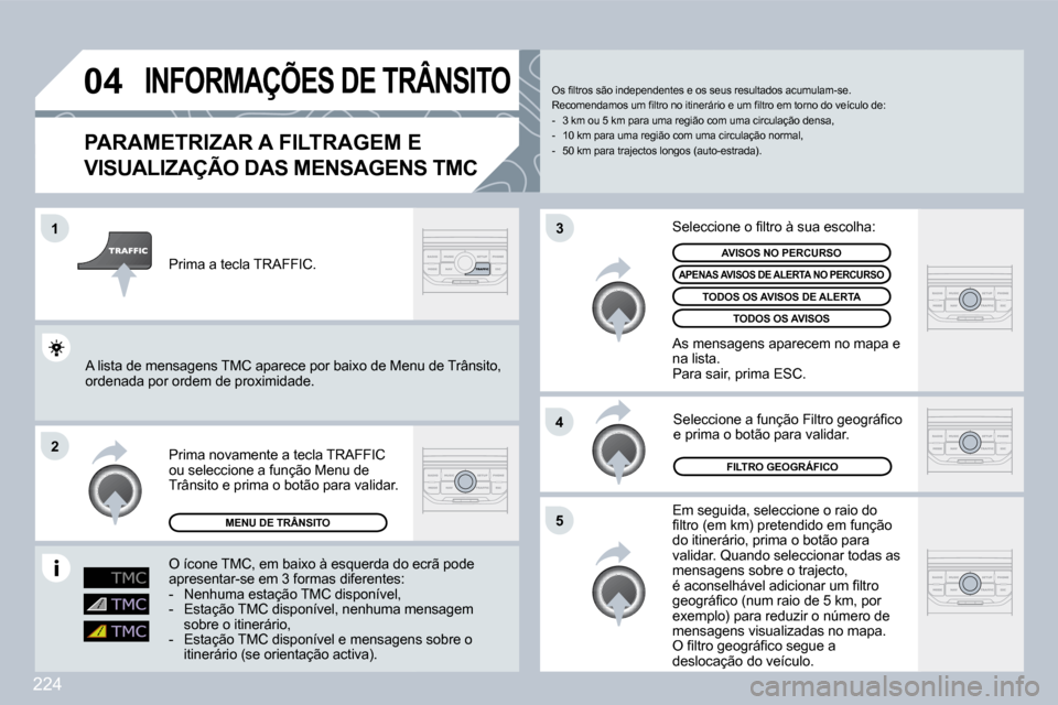 Peugeot 308 CC 2009.5  Manual do proprietário (in Portuguese) 224
�0�4
�2
�1
�3
�4
�5
�I�N�F�O�R�M�A�Ç�Õ�E�S� �D�E� �T�R�Â�N�S�I�T�O� 
� � �P�A�R�A�M�E�T�R�I�Z�A�R� �A� �F�I�L�T�R�A�G�E�M� �E� 
�V�I�S�U�A�L�I�Z�A�Ç�Ã�O� �D�A�S� �M�E�N�S�A�G�E�N�S� �T�M�C� 
