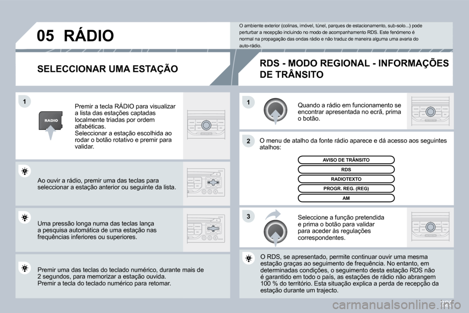 Peugeot 308 CC 2009.5  Manual do proprietário (in Portuguese) 225
�0�5
�3
�2
�1
�1
� � �S�E�L�E�C�C�I�O�N�A�R� �U�M�A� �E�S�T�A�Ç�Ã�O� 
 Quando a rádio em funcionamento se encontrar apresentada no ecrã, prima o botão. 
 O menu de atalho da fonte rádio apar