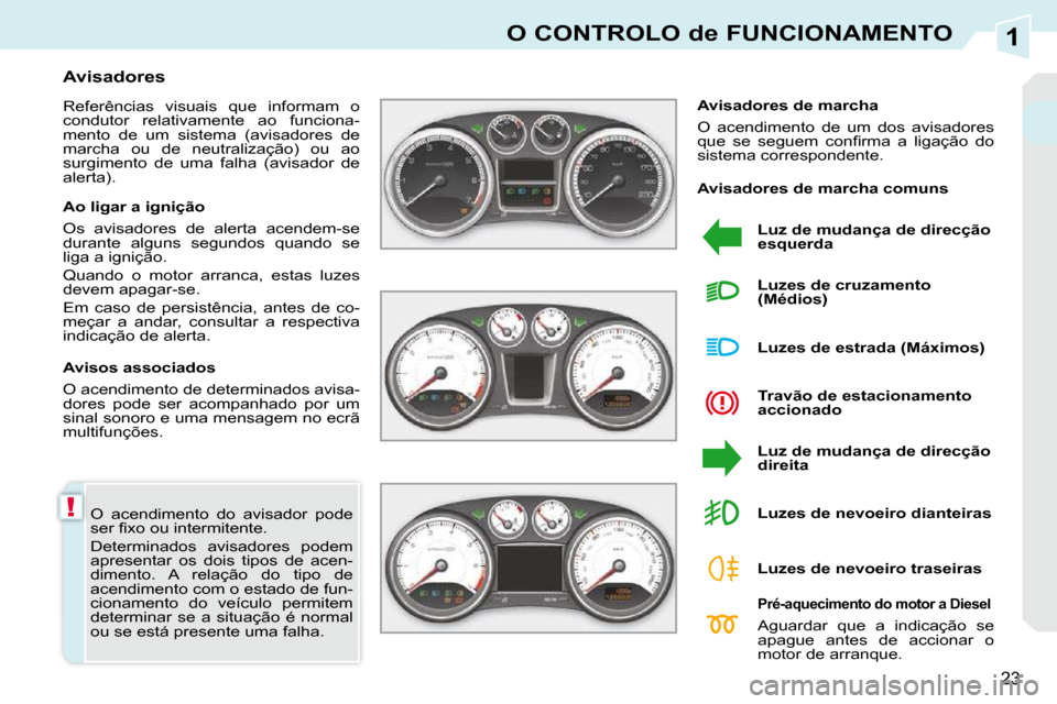 Peugeot 308 CC 2009.5  Manual do proprietário (in Portuguese) 1
!
23
O CONTROLO de FUNCIONAMENTO
 O  acendimento  do  avisador  pode  
�s�e�r� �ﬁ� �x�o� �o�u� �i�n�t�e�r�m�i�t�e�n�t�e�.�  
 Determinados  avisadores  podem  
apresentar  os  dois  tipos  de  ace