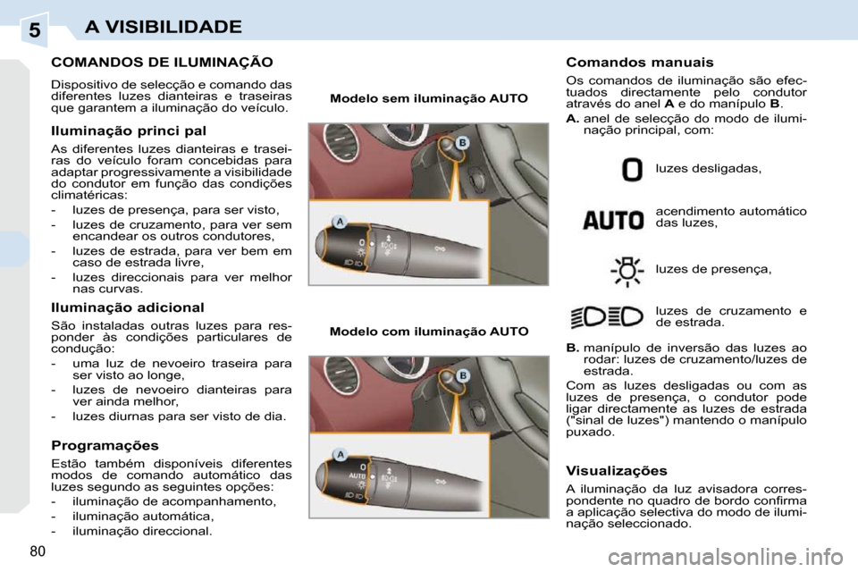 Peugeot 308 CC 2009.5  Manual do proprietário (in Portuguese) 5
80
A VISIBILIDADE
COMANDOS DE ILUMINAÇÃO 
 Dispositivo de selecção e comando das  
diferentes  luzes  dianteiras  e  traseiras 
que garantem a iluminação do veículo.  
  Iluminação princi p