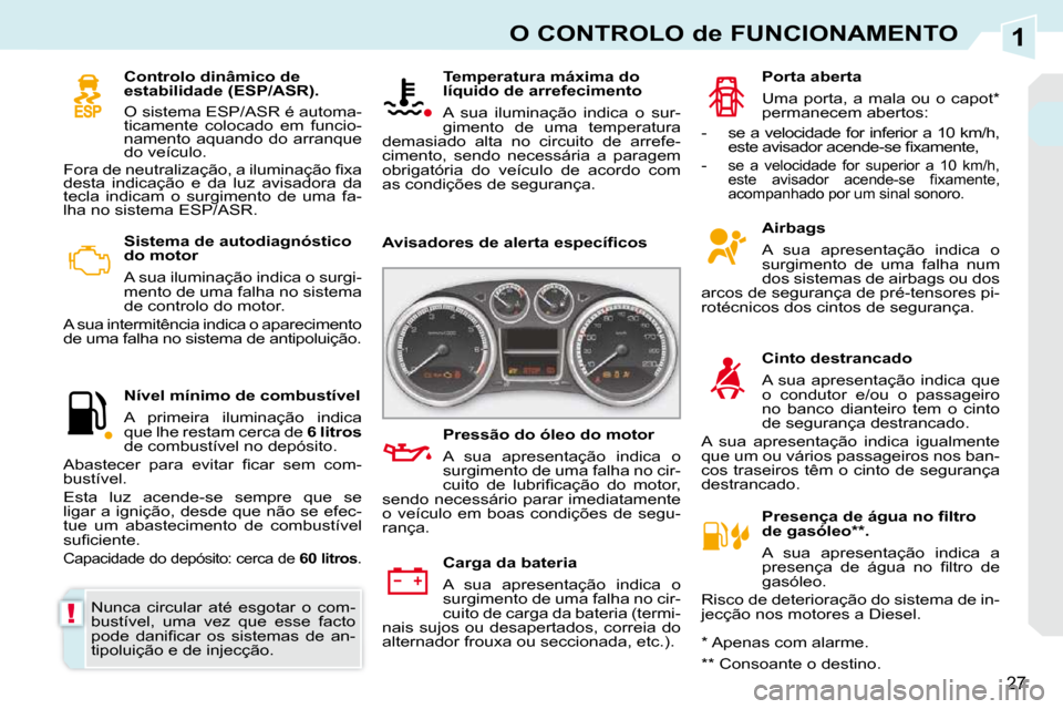 Peugeot 308 CC 2009.5  Manual do proprietário (in Portuguese) 1
!
27
O CONTROLO de FUNCIONAMENTO
   Sistema de autodiagnóstico  
do motor  
 A sua iluminação indica o surgi- 
mento de uma falha no sistema 
de controlo do motor. 
 A sua intermitência indica o
