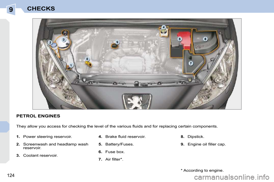 Peugeot 308 CC 2009  Owners Manual 9
124
CHECKS
           PETROL ENGINES 
� �T�h�e�y� �a�l�l�o�w� �y�o�u� �a�c�c�e�s�s� �f�o�r� �c�h�e�c�k�i�n�g� �t�h�e� �l�e�v�e�l� �o�f� �t�h�e� �v�a�r�i�o�u�s� �ﬂ� �u�i�d�s� �a�n�d� �f�o�r� �r�e�p