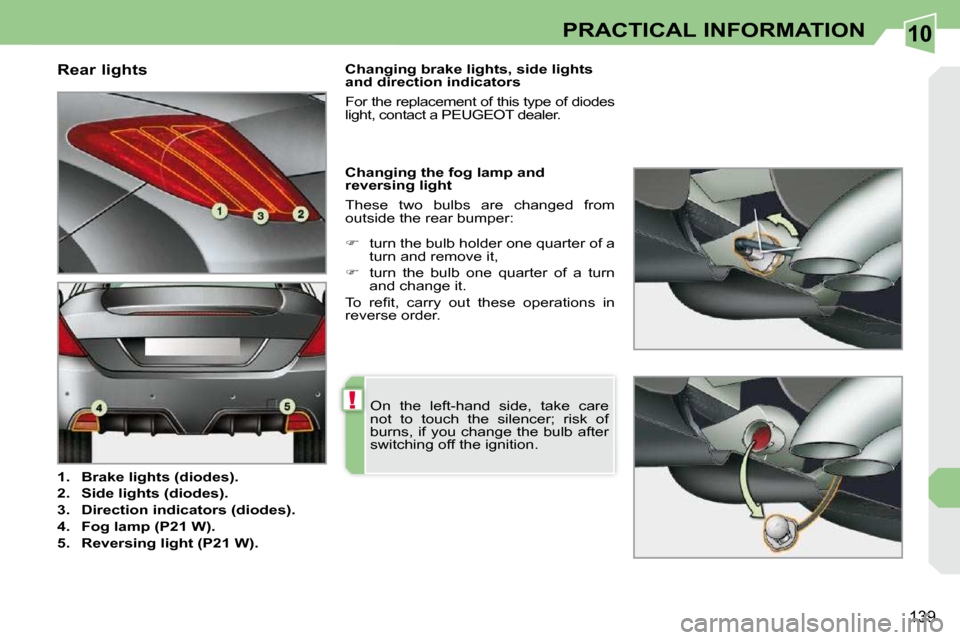 Peugeot 308 CC 2009  Owners Manual 10
!
139
PRACTICAL INFORMATION
  Rear lights  
   
1.     Brake lights (diodes).   
  
2.     Side lights (diodes).   
  
3.     Direction indicators (diodes).   
  
4.     Fog lamp (P21 W).   
  
5. 