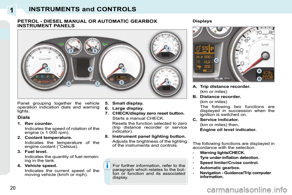 Peugeot 308 CC 2009  Owners Manual 1
i
20
INSTRUMENTS and CONTROLS
             PETROL - DIESEL MANUAL OR AUTOMATIC GEARBOX INSTRUMENT PANELS 
 Panel  grouping  together  the  vehicle  
operation  indication  dials  and  warning 
light